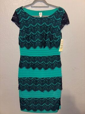 Signature by Sangria Teal Dress with Black Lace Overlay